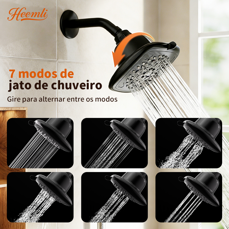 Chuveiro com Filtro de Teto 7 Jatos Alta Pressão 360° para Banheiro Quadrado Redondo Heemli