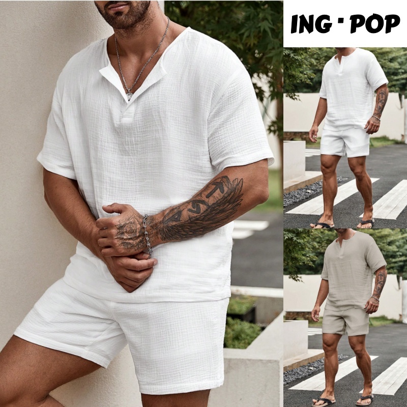 Conjunto Masculinos De 2 Peças Cor Sólida Solto Camiseta De Manga Curta Shorts