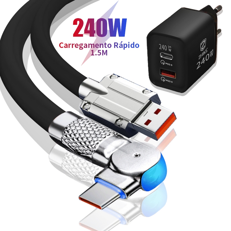 Cabo USB-A Para Tipo C Micro USB V8 iP 1.5M Silicone 180° Rotação Carregamento Rápido GaN Adaptador