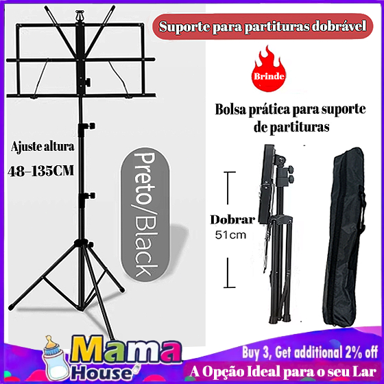 Estante De Partitura Bertô Suporte Pedestal Musical Hinário Maestro Dobrável Com Bolsa Bag Tripé