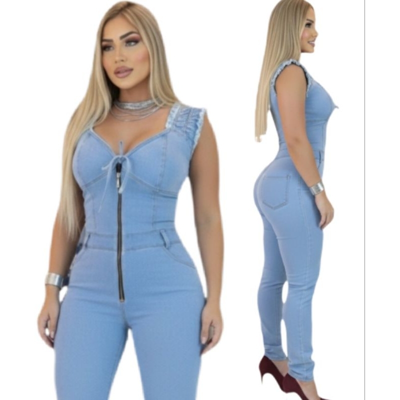 Macacão Macaquinho Jardineira Salopete Ciganinha Calça Jeans Feminina Longa Manga Desfiada Luxo