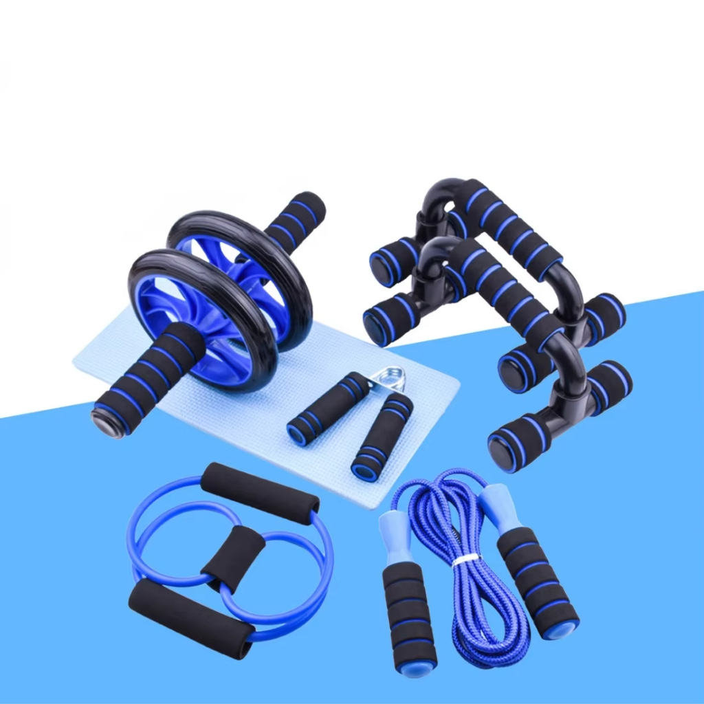 Kit Fitness 6 em 1 Roda Abdominal Flexão Corda Elástico Hand Grip Tapete Treino em Casa