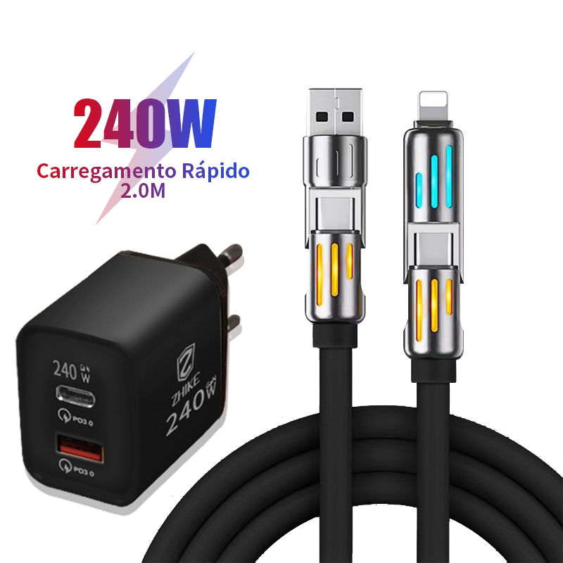 Cabo Carregamento Rápido Cilíndrico 4 em 1 USB-A Tipo C para Tipo C iP 2,0 Metro Silicone Cabo Com Adaptador de 240 W em Oferta na Shopee