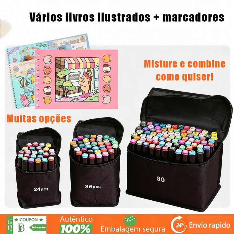 Kit Marcador Ponta Dupla 24/36/48/60/80 Cores + Livro De Colorir Capa Dura 50 Pgs Belifou Papelaria Kit Marcador Ponta Dupla 24/36/48/60/80 Cores + Livro De Colorir Capa Dura 50 Pgs Belifou Papelaria