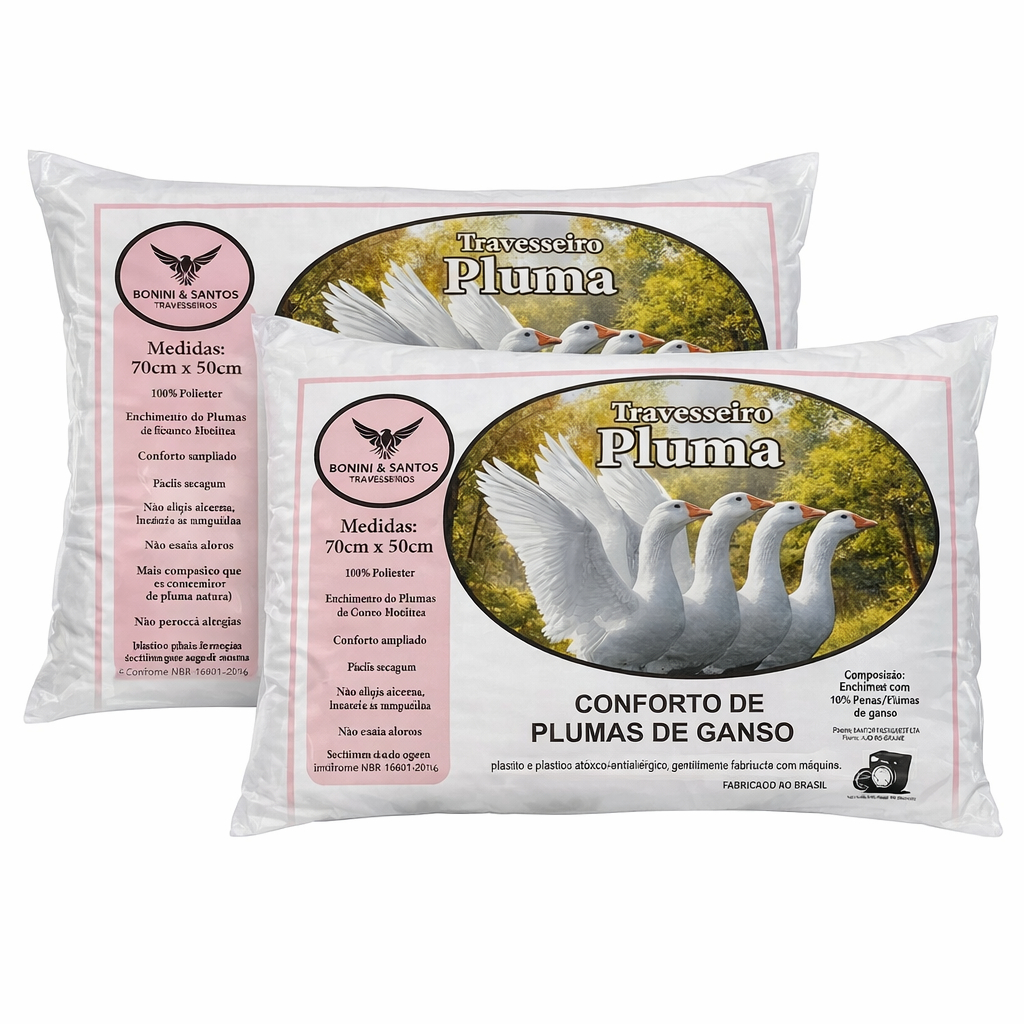 Kit 2 TravesseiroS Pluma de Ganso Confortavel e Macio Antiacaro 70x50cm