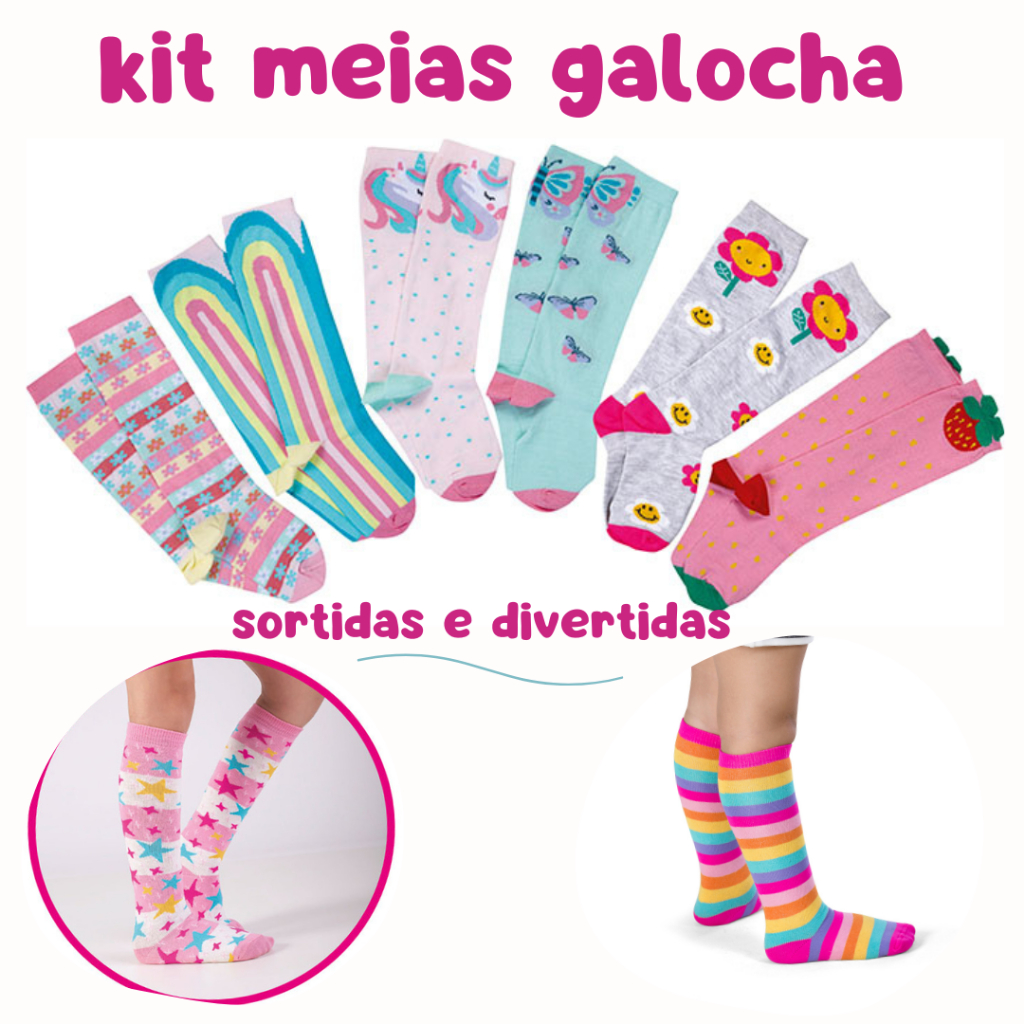 Kit Meia 3/4 Infantil Colorida Menina Cano Longo Joelho Galochita Divertida Promoção