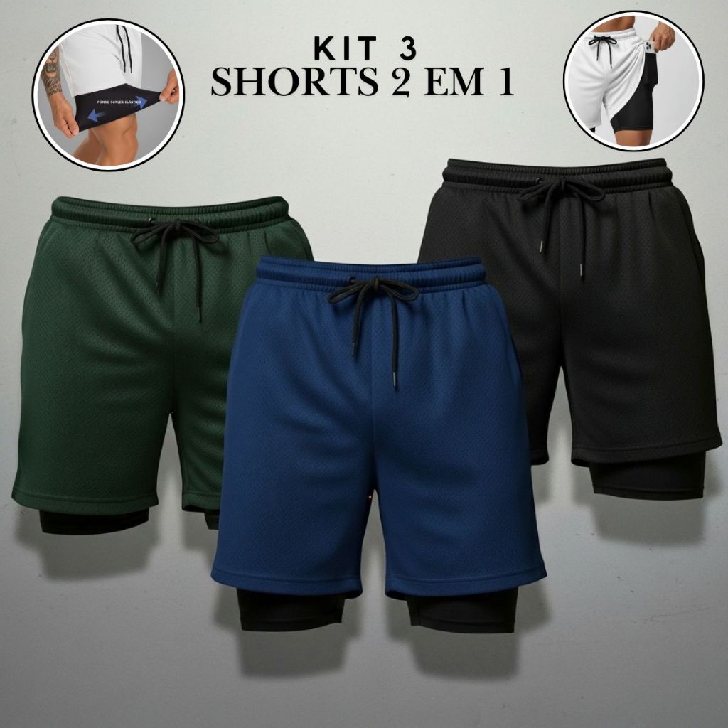 Kit 3 Shorts 2 Em 1 Bermuda Masculino Dry Fit Forro Compressão Bolso Interno Academia