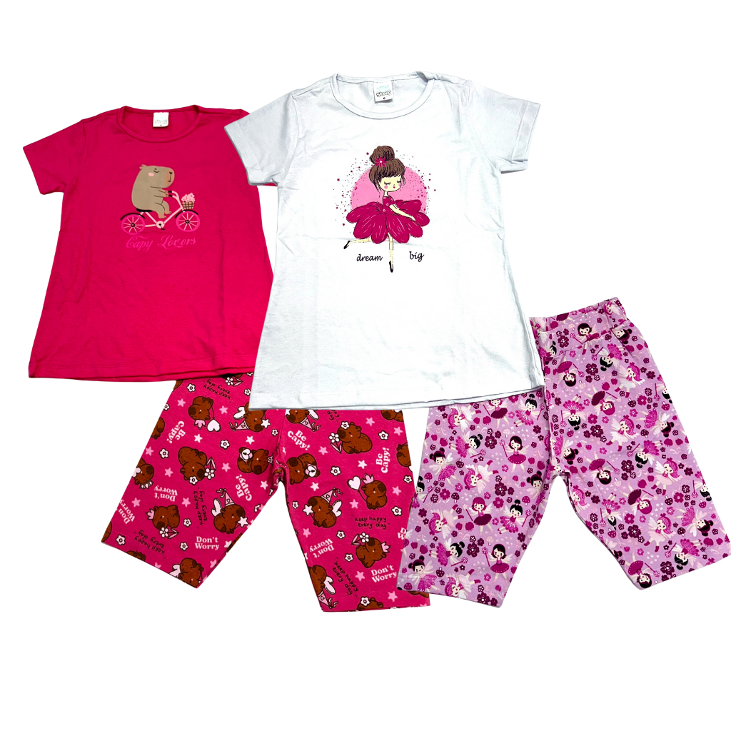 Kit Conjunto Moda Verão Menina Roupa Infantil Criança Estampado Camiseta manguinha e Short