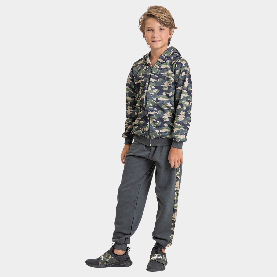 Conjunto Inverno Menino Cinza Jaqueta com Capuz e Calça em Moletom com Recortes Camuflado