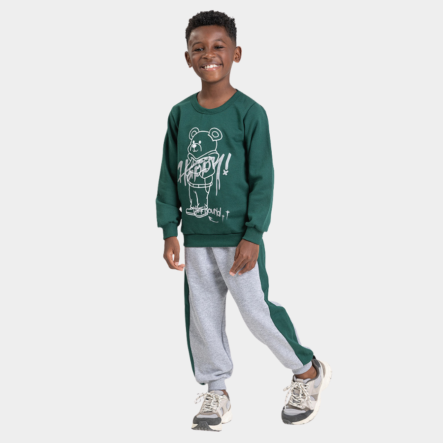 Conjunto Inverno Menino Blusão e Calça com Recorte em Moletom Happy Bear