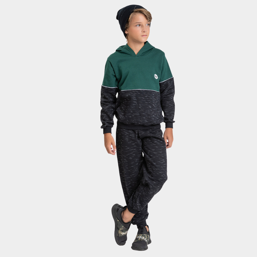 Conjunto Inverno Menino Blusão Recortes com Capuz e Calça em Moletom