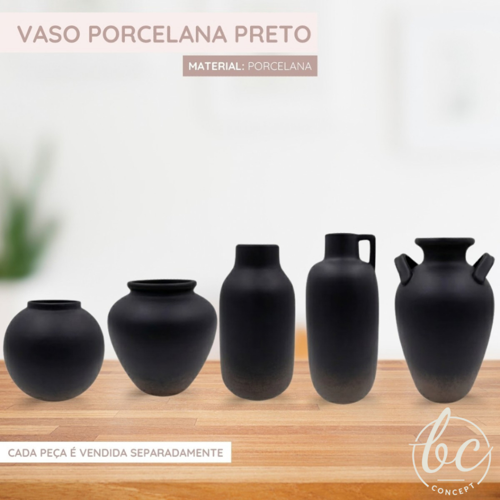 Vaso Decorativo Porcelana Preta Moderno Elegante Sala Escritório Centro Mesa Estante
