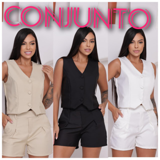 conjunto alfaiataria colete e short cintura alta botões forrados Bolsos Zíper Moda Feminina Social Casual luxo em Oferta na Shopee