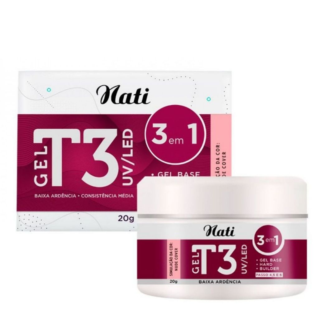 Gel Base Construtor T3 Nati p/ Alongamento de Unhas 3 em 1 - Cor Nude Cover 20g