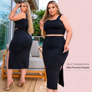 Conjunto Feminino Saia Plus Size Midi Com Fenda Lateral Alça Larga Curta até 54 em Oferta na Shopee