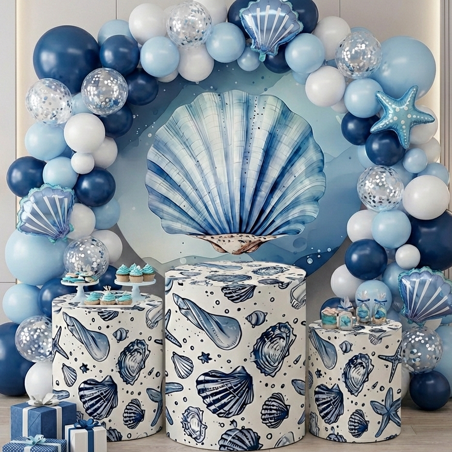 Kit Festa Capas Clean Painel + Cilindros Fundo Do Mar Decoração Aniversário Feminino Lançamento Bibi
