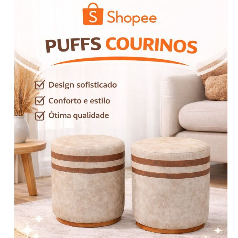 Kit 2 Puffs Redondos Grandes Courinos Beje com Detalhes Marrom Base de Madeira - Kit 2 Pufs
