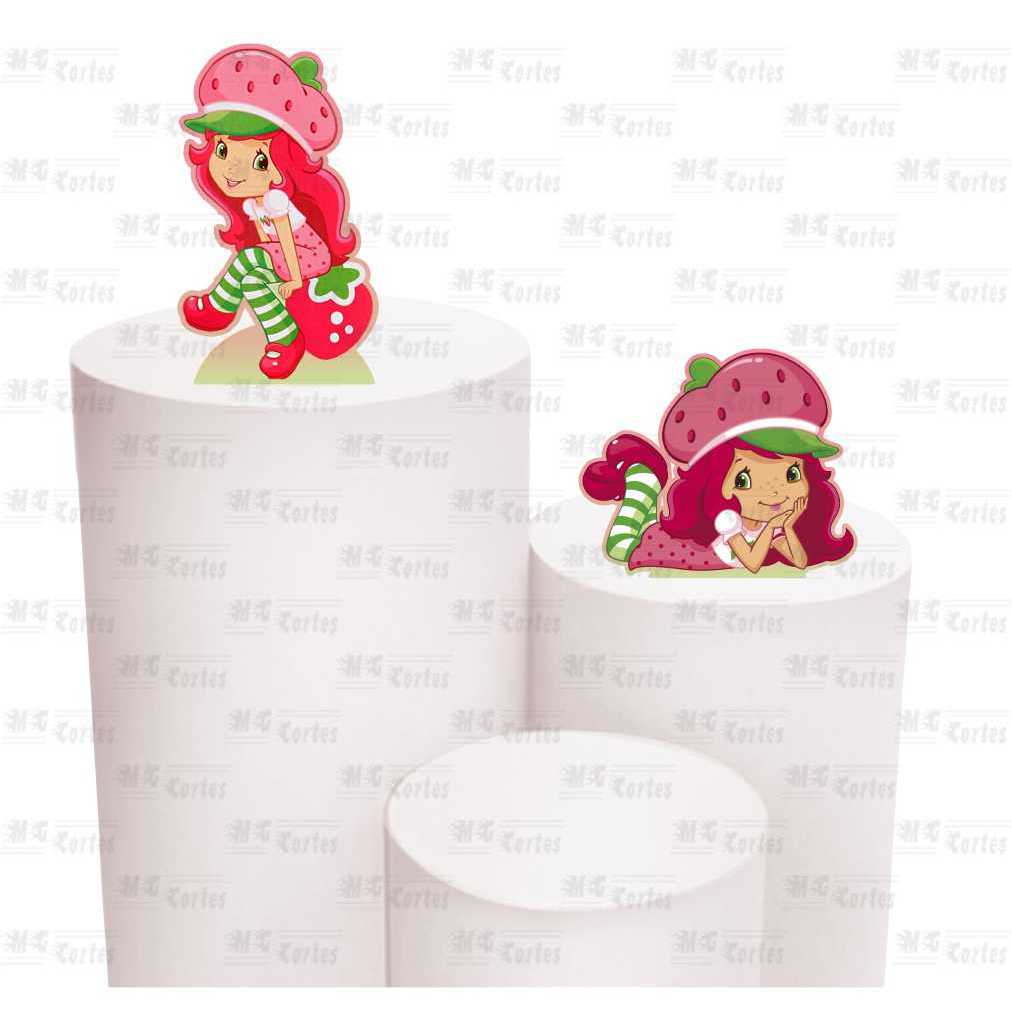 Kit de Display 2 de 20cm Totens para Decoração de Festa Moranguinho em MDF Cortado a Laser