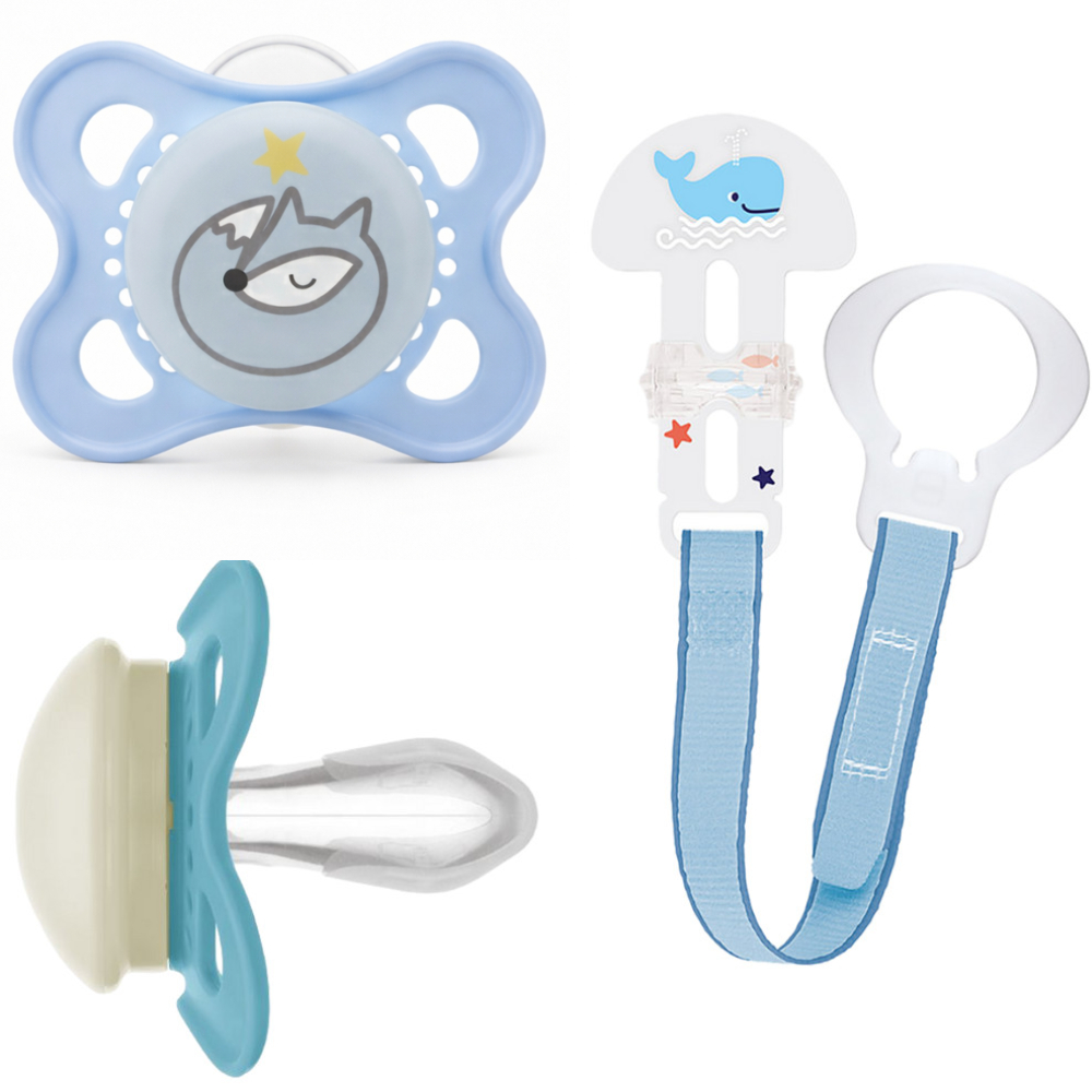 Kit MAM Chupeta Night 0-6 Meses Azul + Prendedor De Chupeta Azul