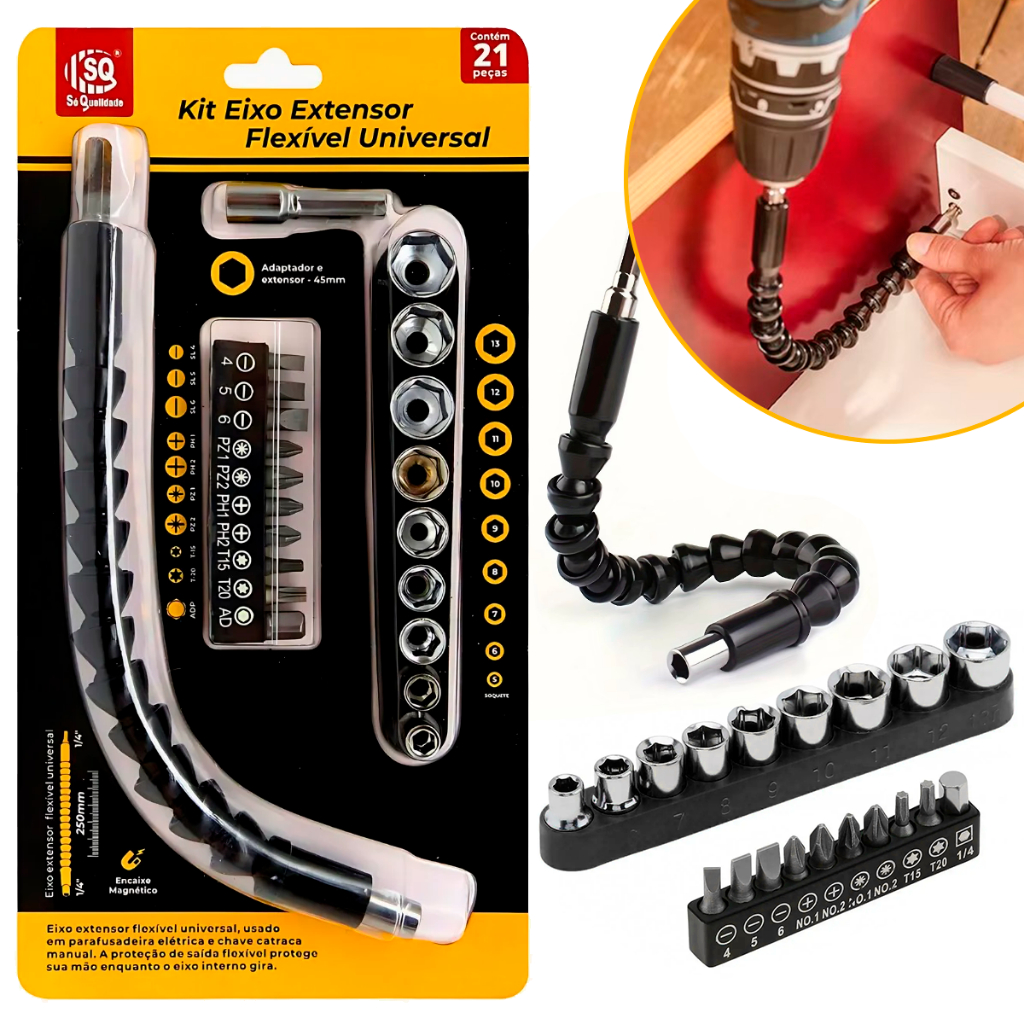 Kit Extensor Prolongador Flexivel Ponteira Parafusadeira Universal Profissional
