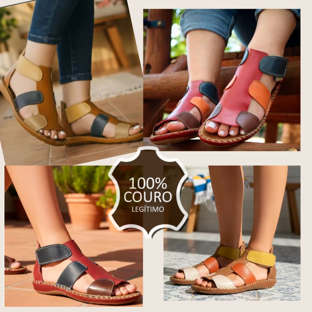 Sandália Rasteira Feminina Couro Legítimo Romana Gladiadora Macia Colorida Velcro - CARLA 21