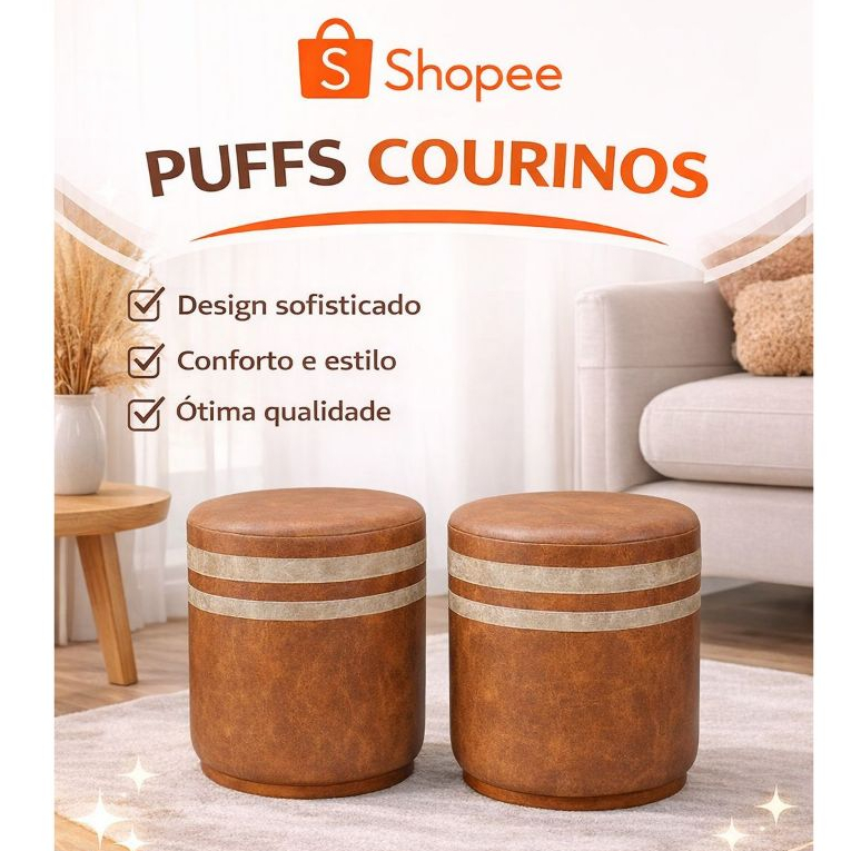 Kit 2 Puffs Redondos Courinos Grandes Marrom com Detalhes Beje Base de Madeira