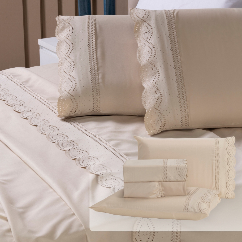 Jogo de Lençol 400 Fios 4 Peças Casal, Queen e King Bordado Inglês Roupa de Cama Solteiro 3 Peças