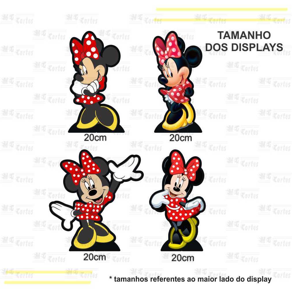 Kit de Display 04 de 20cm  Totens para Decoração de Festa Minnie Vermelha  em MDF Cortado a Laser