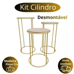 Kit 3 Mesas Cilindro Dourada Desmontável Em Ferro Para Decorações E Festas