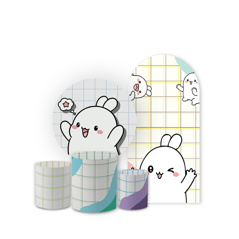 Kit Capa Painel Festa + Trio Cilindros Tema Coelhinho Cute Desenho Infantil Decoração Delicada