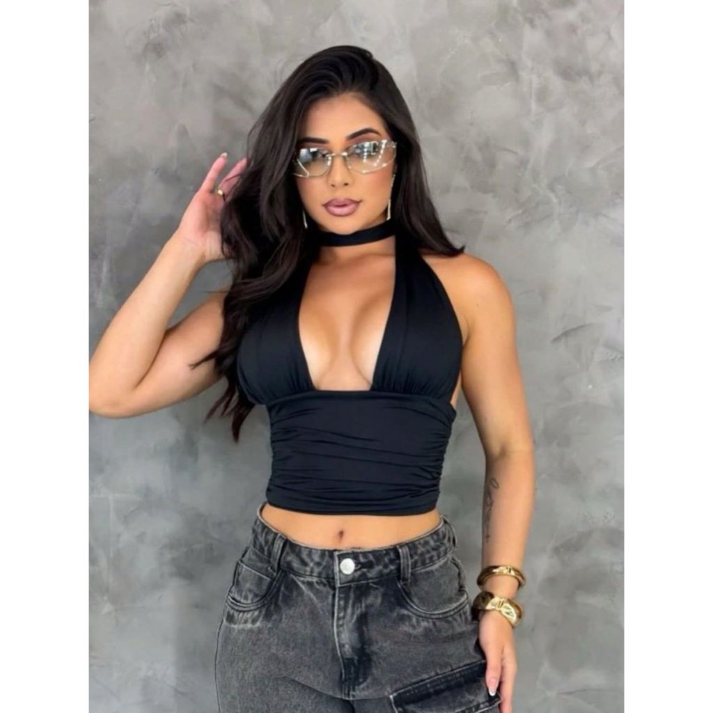 Cropped Com Amarraçao Multiformas Decote Forado Festa Moda Gringa Decotado Suplex Sexy Sustentaçao em Oferta na Shopee