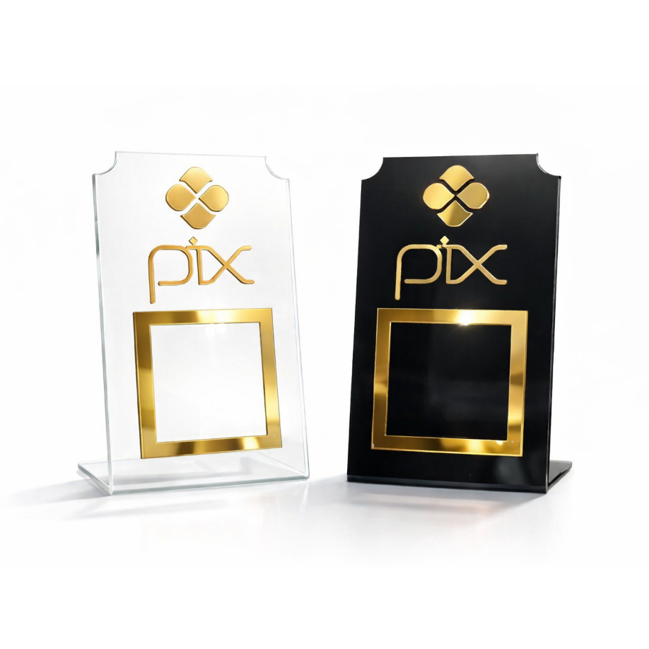 Placa Display Pix Premium Acrílico Espelhado QR Code Mesa Balcão Dourado Transparente Pink Pagamento em Oferta na Shopee