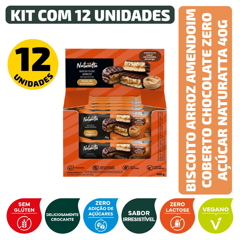 Kit Biscoito Arroz Amendoim Coberto Chocolate Zero Açúcar Naturatta 40G - 12 Unidades em Oferta na Shopee