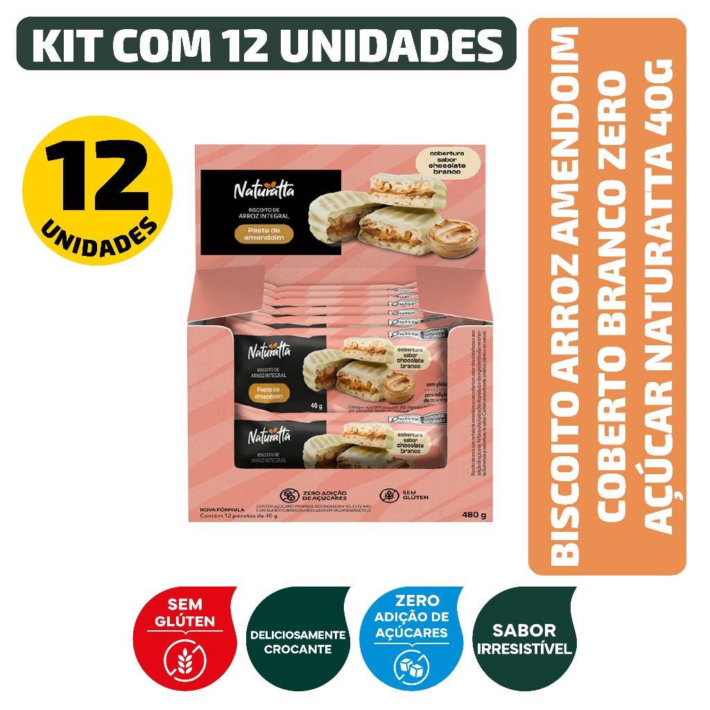 Kit Biscoito Arroz Amendoim Coberto Branco Zero Açúcar Naturatta 40G - 12 Unidades em Oferta na Shopee