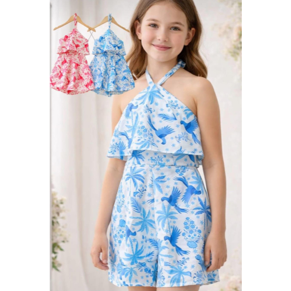 macaquinho infantil verão menina estampado pássaros tropical rosa e azul tamanho 4 6 8 10