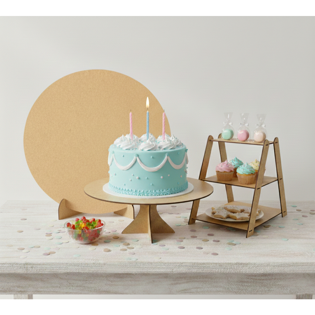 Kit Mini Festa Pegue E Monte Painel Redondo Mini + Boleira + Escadinha Porta Doces Três Andares Decoração De Mesa MDF