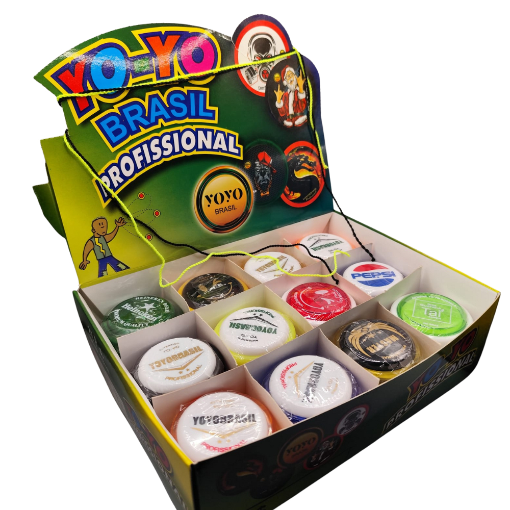 yoyobrasil caixa com 24 unidades de yoyo profissional Premium ioio com a imagem gravada na Tampa + 30 cordas extra