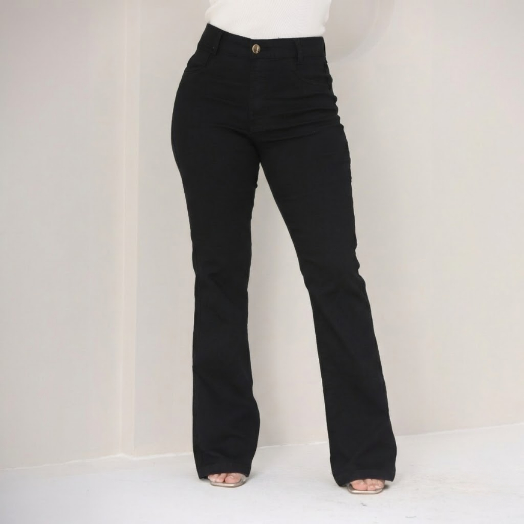 Calça Jeans Flare Feminina Cintura Alta Boca Sino Com Lycra Casual Confortável Moderna Marmorizada em Oferta na Shopee
