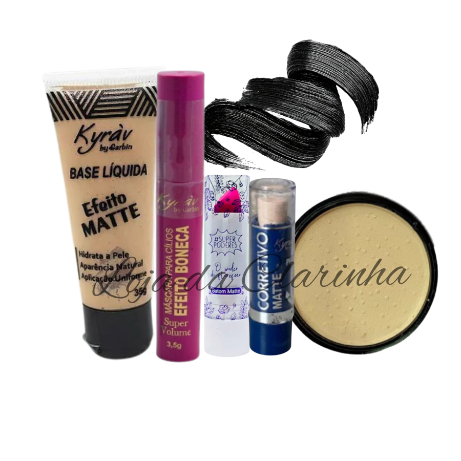 Kit Maquiagem Rímel, Base, Pó, Corretivo e Batom Beleza Skincare 5 itens / Gloss Perfume Body Splash