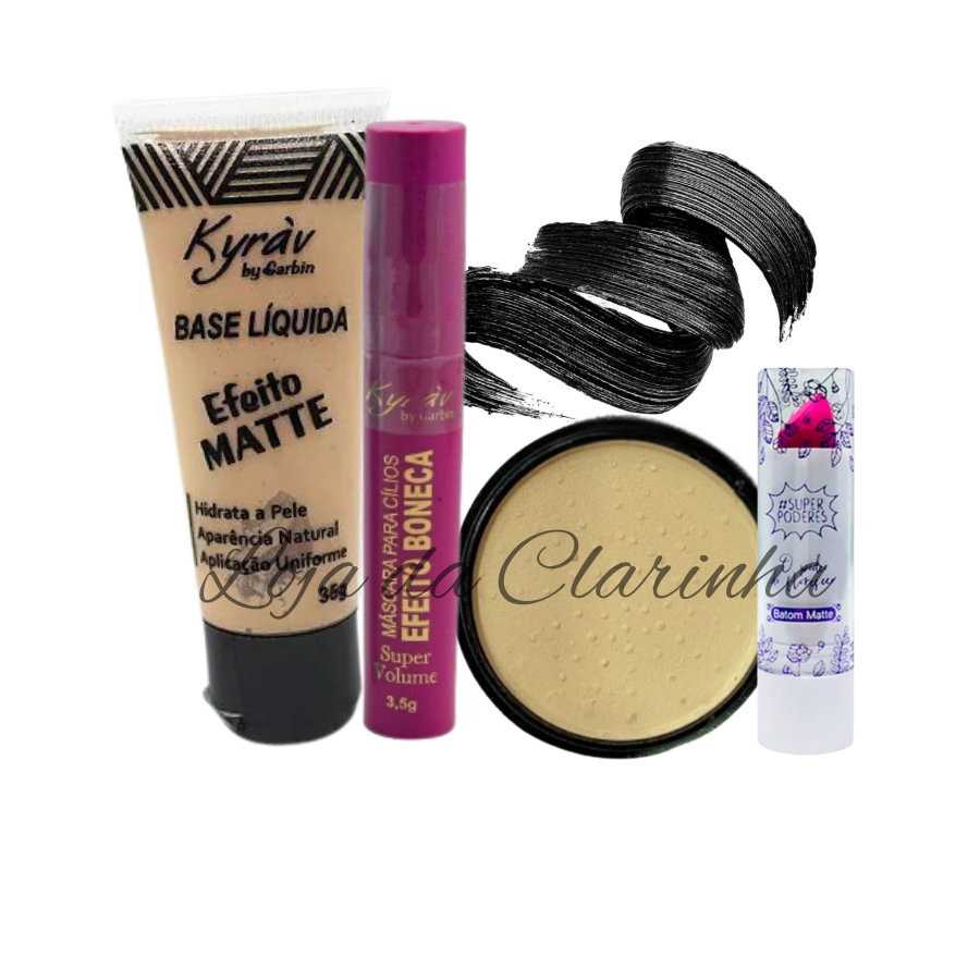 Kit de Maquiagem com Base, Rímel, Pó Compacto e Batom 4 itens Beleza Prático / Gloss Perfume Body Splash