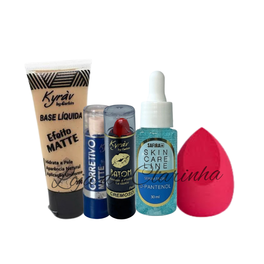 Kit de Maquiagem Base, Corretivo, Batom, Sérum facial e Esponja 5 itens / Gloss Perfume Body Splash