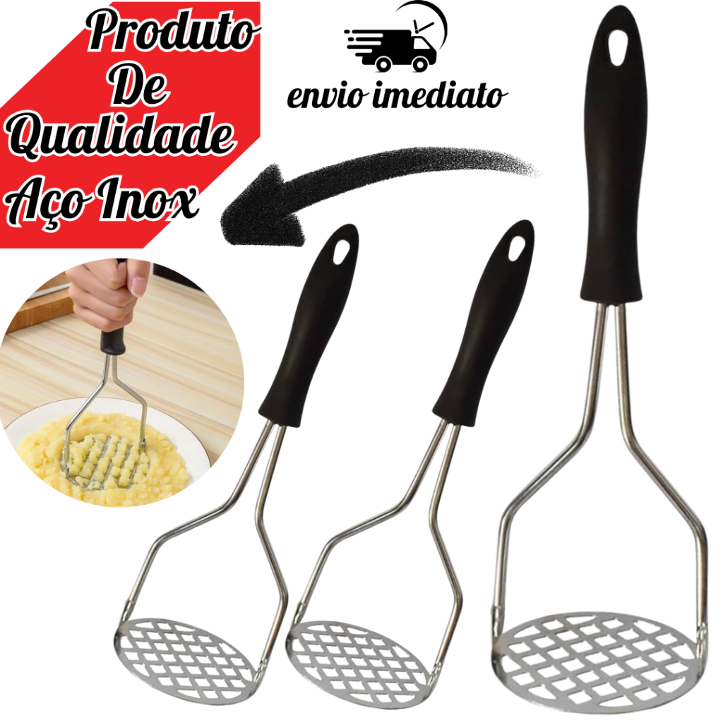 Amassador de Batata Inox Para Legumes Cabo Preto Aço Inoxidável 24x8cm Resistente