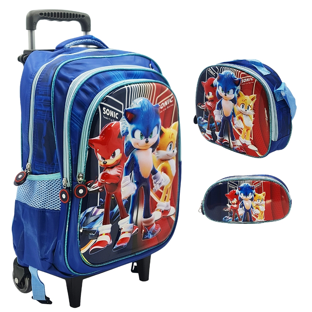 Mochila Escolar Infantil Carrinho Kit Com Estojo Lancheira Térmica Impermeável Rodinhas 3 Peças - Menino Sonic