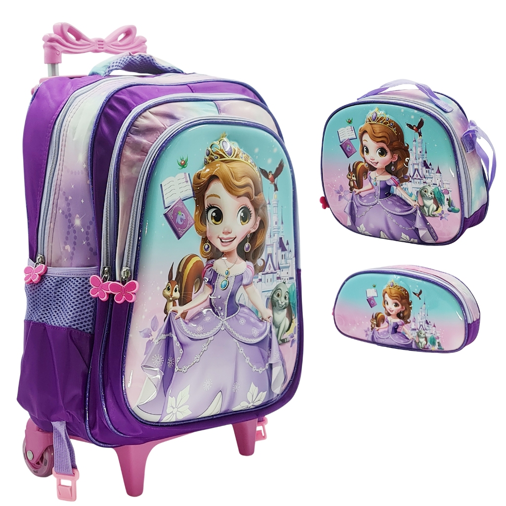 Mochila Escolar Infantil Carrinho Kit Com Estojo Lancheira Térmica Impermeável Rodinhas 3 Peças - Menina Sofia