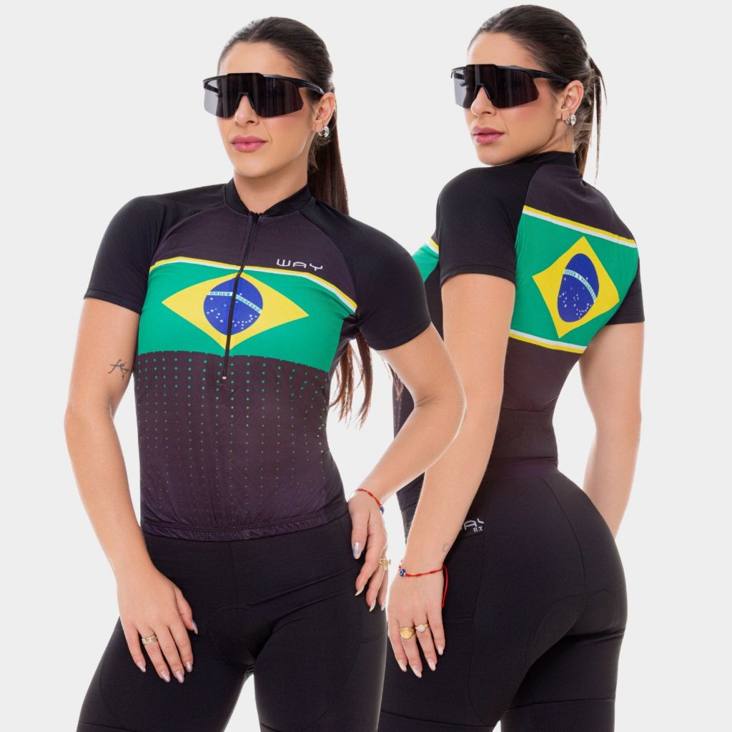 Camisa Camiseta Ciclismo Way Brasil Preta Proteção UV Manga Curta Feminina Bike Pedal Mtb