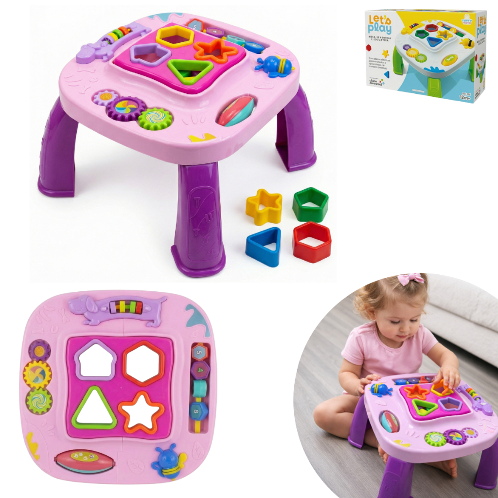 Mesa Infantil Didática Divertida Brinquedo Crianças Educacional Bebê Atividades de Montar Interativa Mesinha Rosa