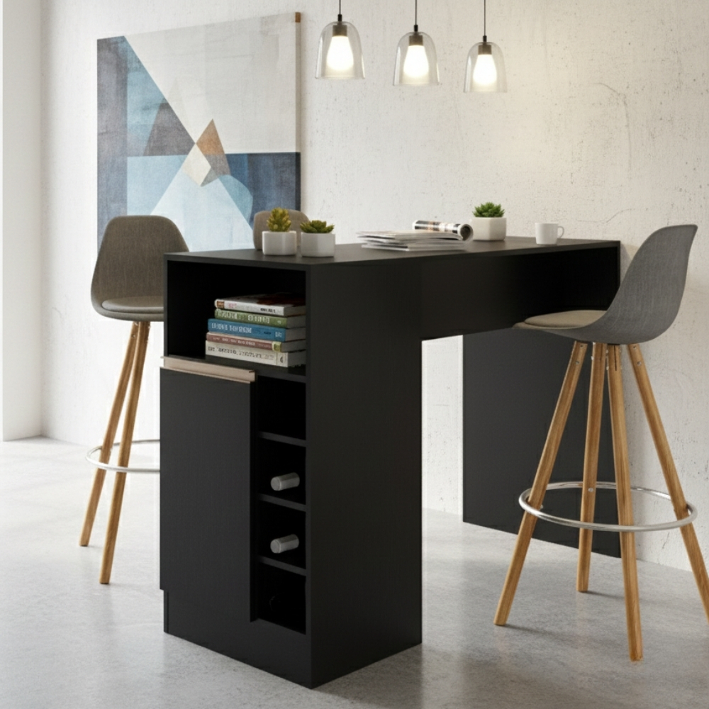 Bancada Ilha Mesa de Cozinha com Adega e Prateleira Menu Móveis 136 x 92 cm Preto