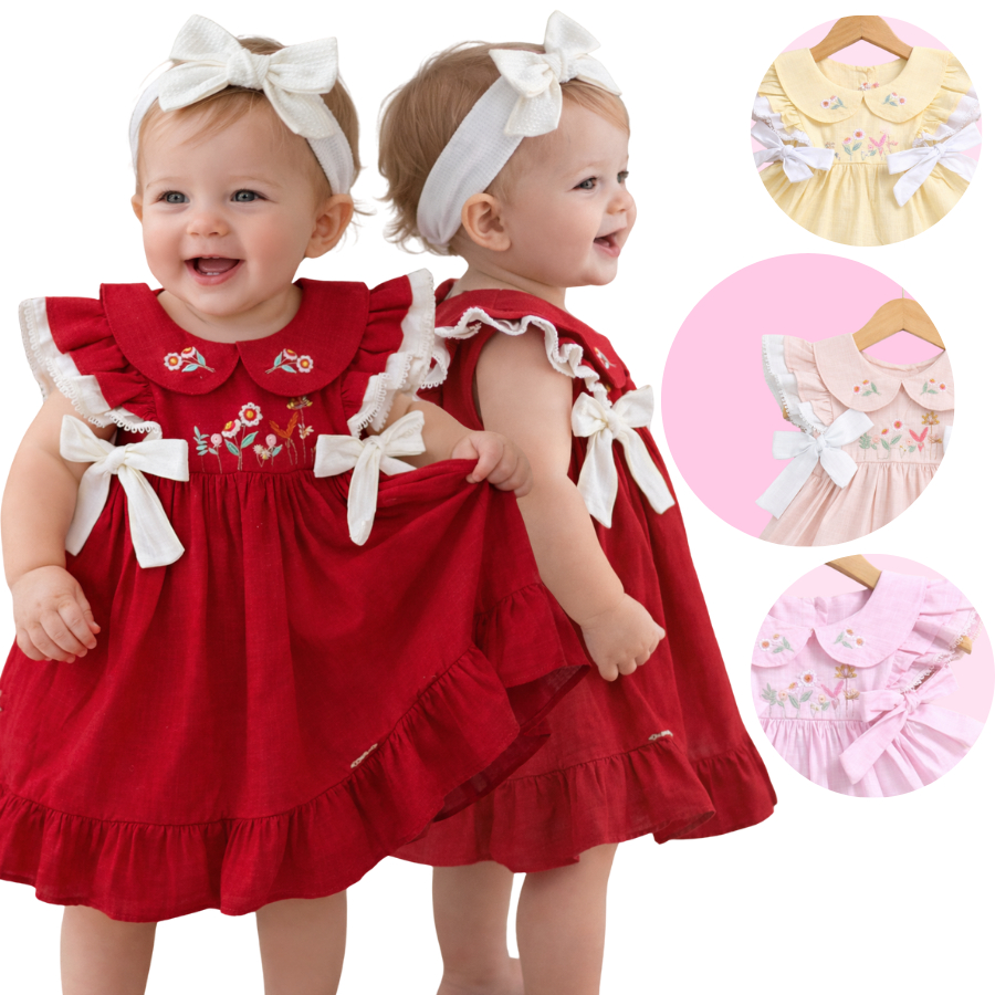 Vestido Infantil Gola Bordada e Ajuste Lateral Vestido de Bebê Menina Delicado com Laços Laterais em Oferta na Shopee