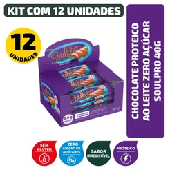 Chocolate Proteico Ao Leite Zero Açúcar Sem Glúten Soulpro 40G - Kit 12 Unidades