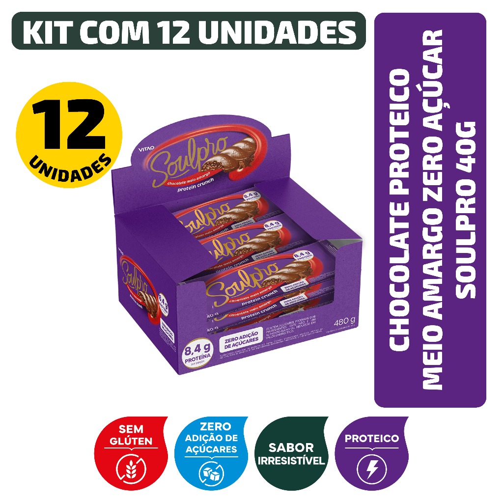 Kit Chocolate Proteico Meio Amargo Zero Açúcar Soulpro 40G - 12 Unidades em Oferta na Shopee